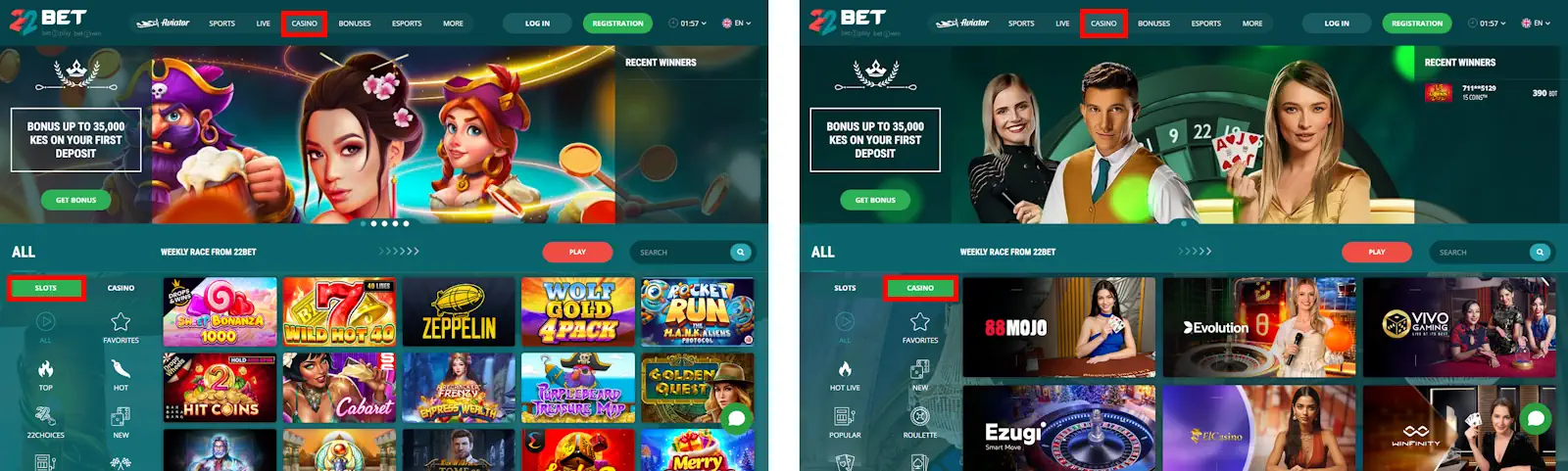 22Bet Kenya Casino Slots and Live Casino Games Screenshot